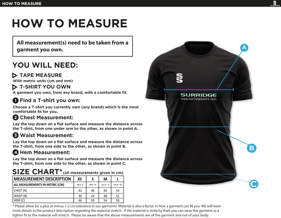 Players - Impact T-Shirt - Girls/Ladies Fit - Size Guide