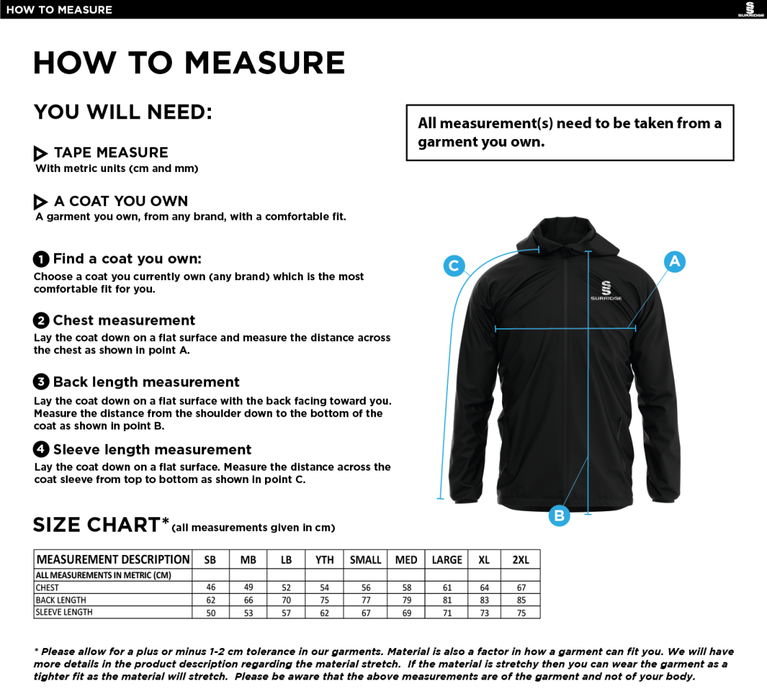 Players - Dual Elite 1/4 Zip Hoody / Rain Jacket - Unisex Fit - Size Guide