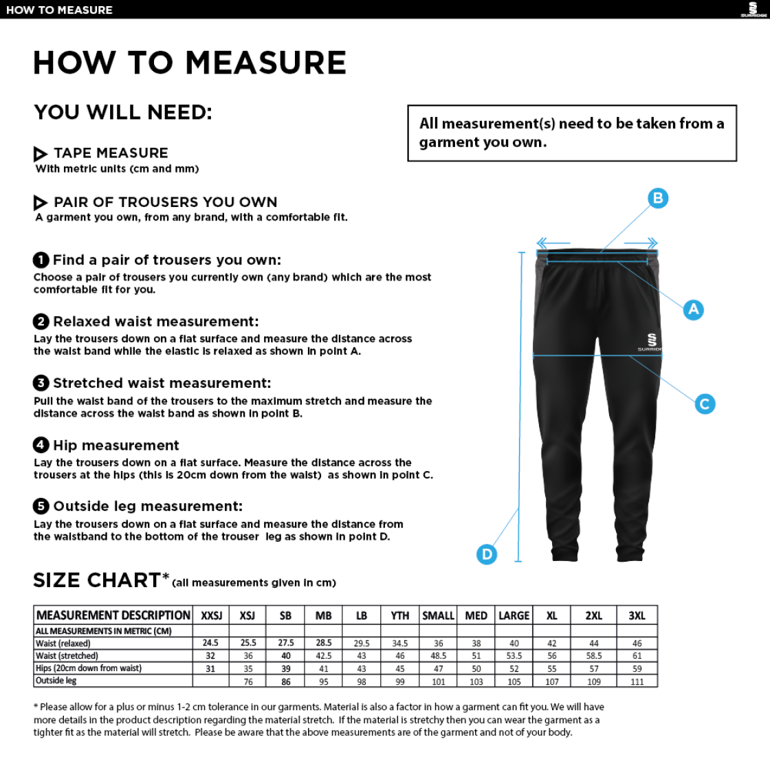 Players - Tek Slim Training Pants - Unisex Fit - Size Guide