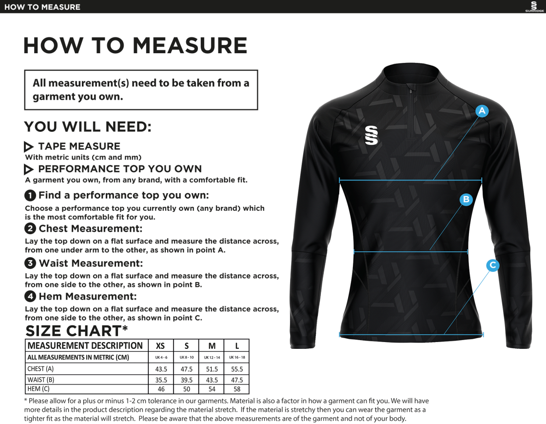 Staff - Impact 1/4 Zip Performance Top - Ladies Fit - Size Guide