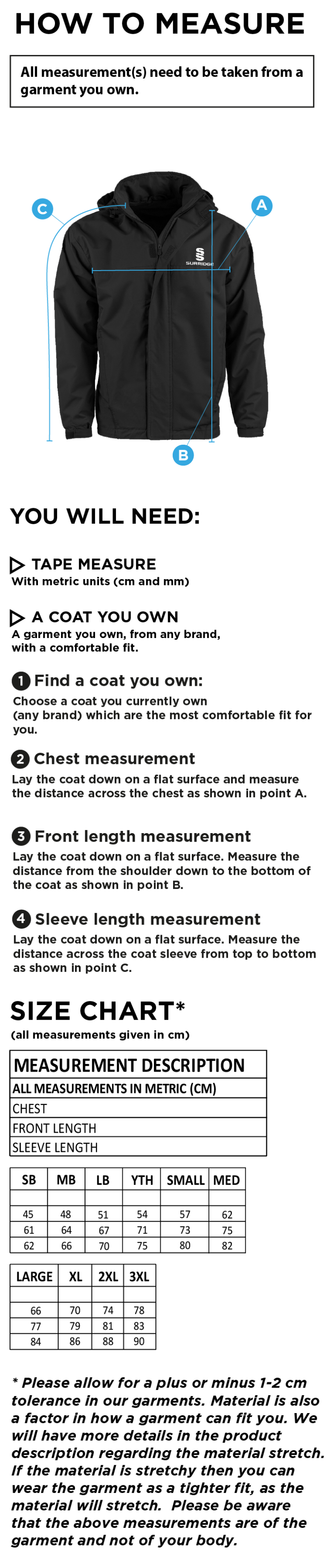 Staff - Dual Fleece Lined Jacket - Unisex Fit - Size Guide