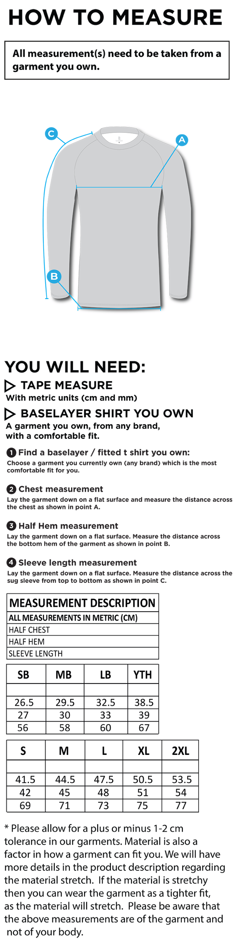 Players - Plain Long Sleeve Baselayer - Unisex Fit - Size Guide