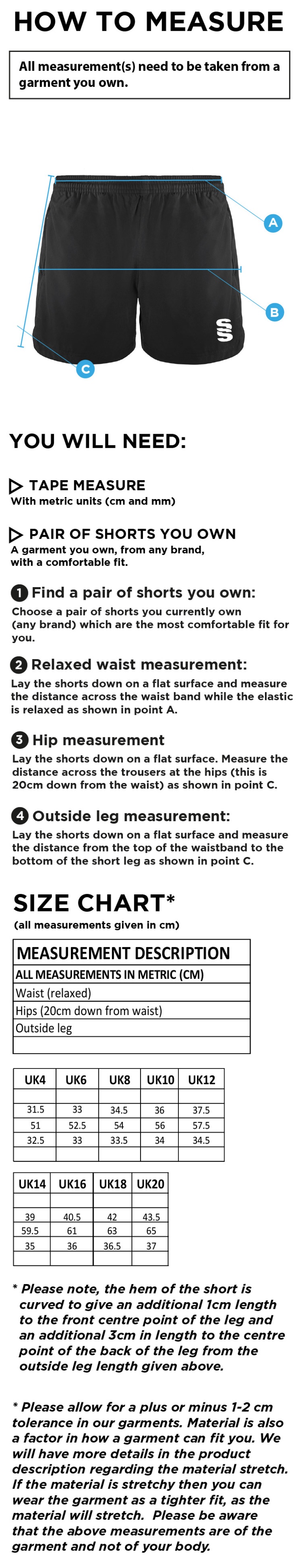 Players - Performance Gym Short - Women's Fit - Size Guide