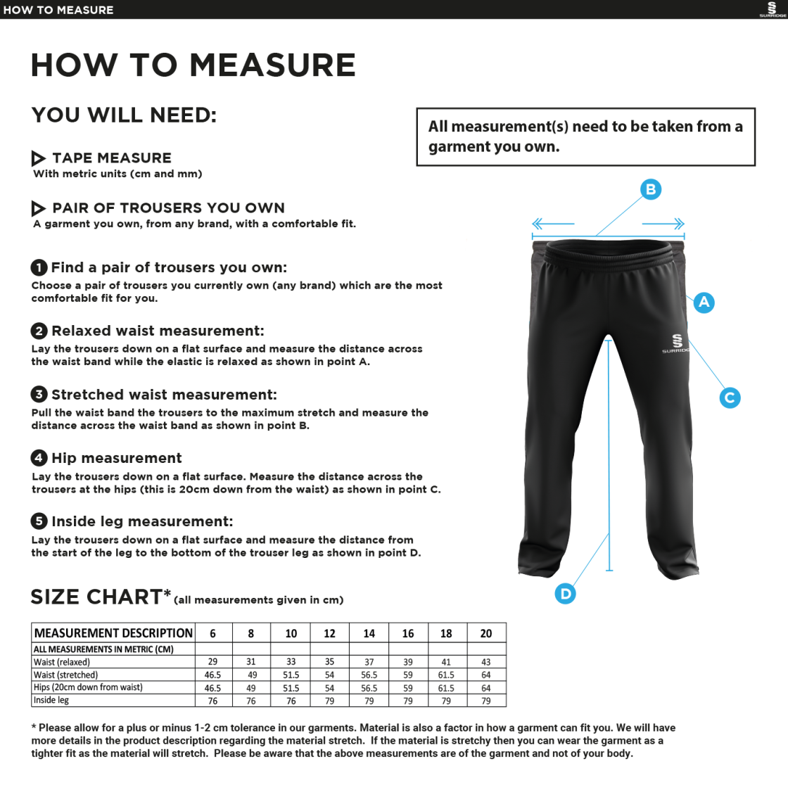 Staff - Dual Poplin Track Pants - Ladies Fit - Size Guide