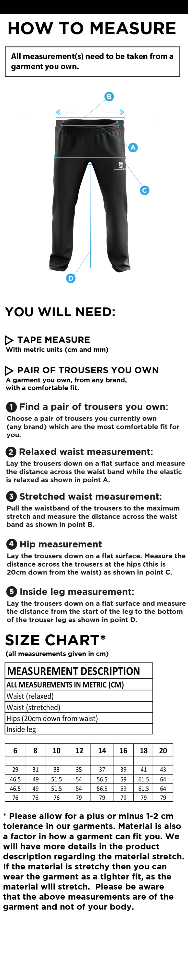 Staff - Dual Poplin Track Pants - Ladies Fit - Size Guide