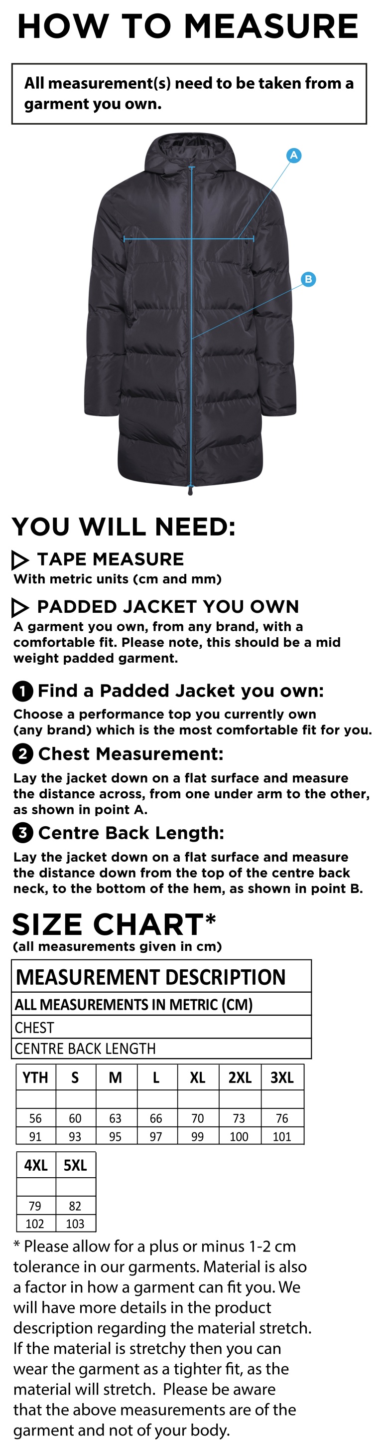 Staff - Active Long Padded Jacket - Unisex Fit - Size Guide