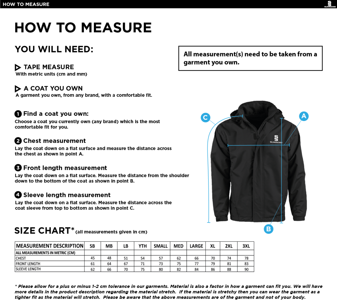 Staff - Dual Fleece Lined Jacket - Unisex Fit - Size Guide