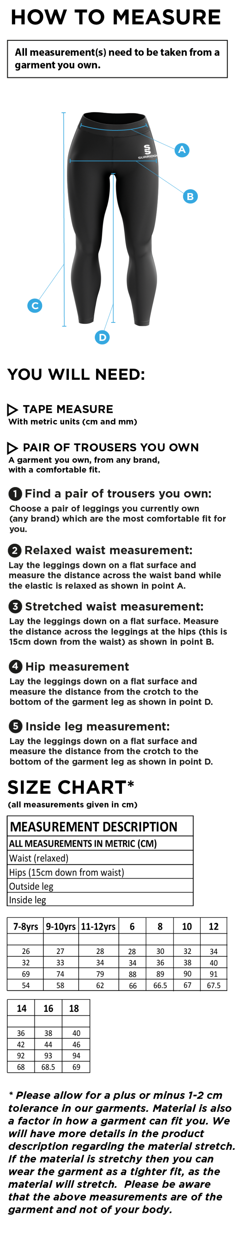 Staff - Performance Full Length Leggings - Ladies Fit - Size Guide