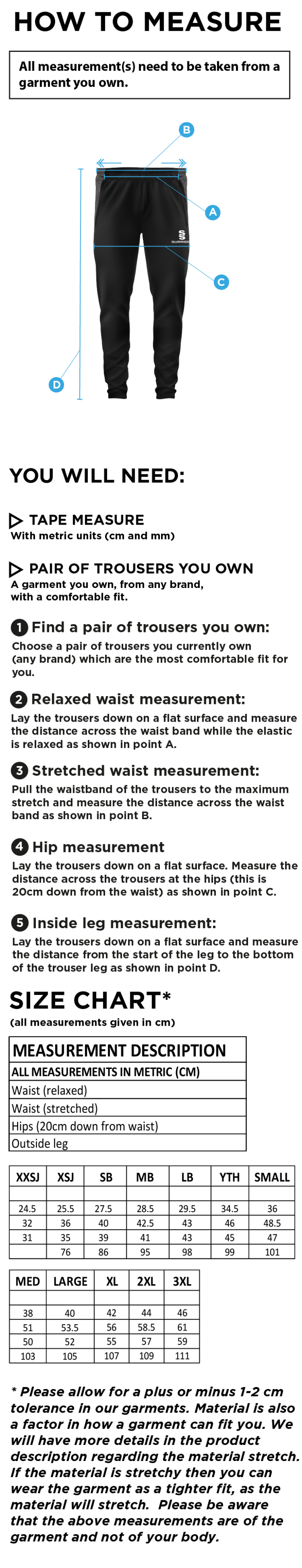 Staff - Tek Slim Training Pants - Unisex Fit - Size Guide