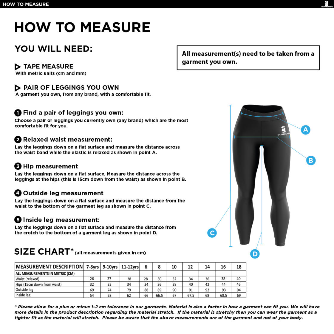 Staff - Performance Full Length Leggings - Ladies Fit - Size Guide