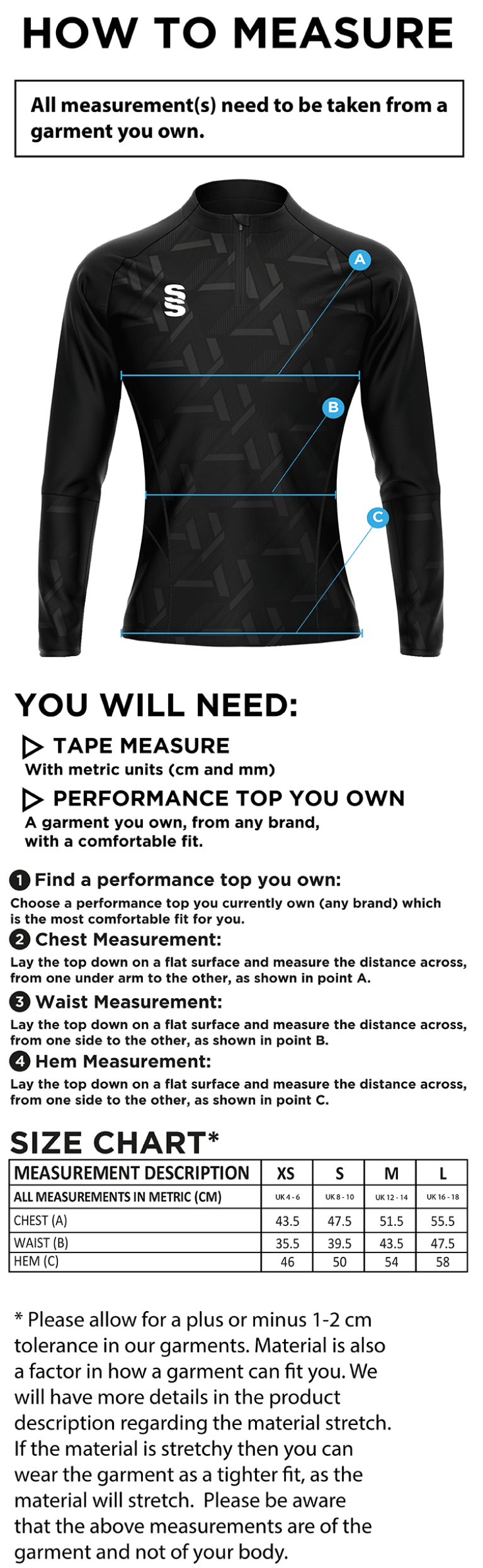 Staff - Impact 1/4 Zip Performance Top - Ladies Fit - Size Guide