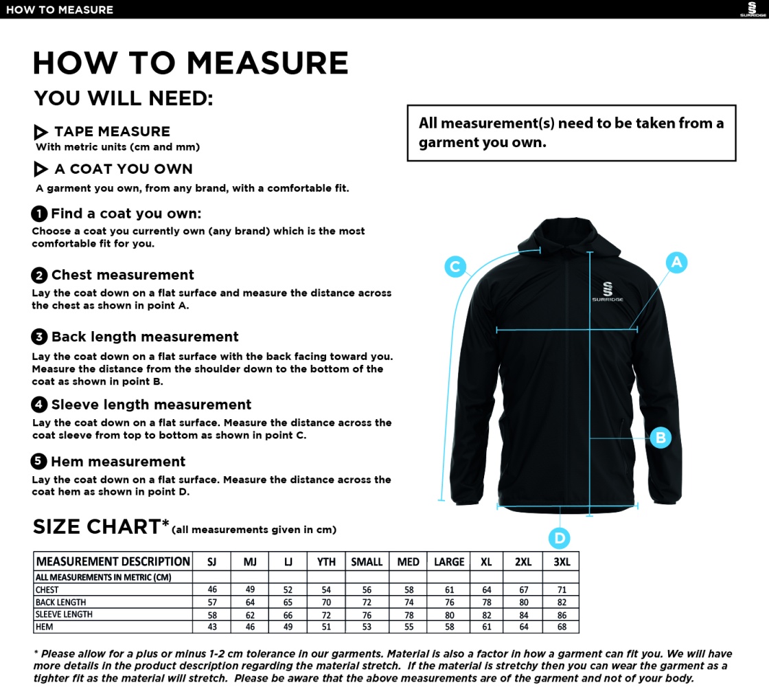 Staff - Dual Elite 1/4 Zip Hoody / Rain Jacket - Unisex Fit - Size Guide