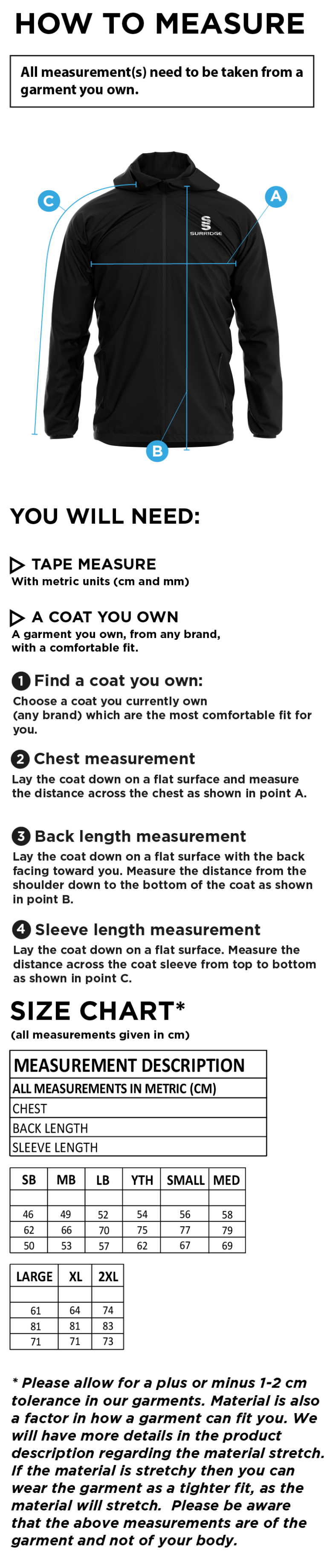 Staff - Dual Elite 1/4 Zip Hoody / Rain Jacket - Unisex Fit - Size Guide