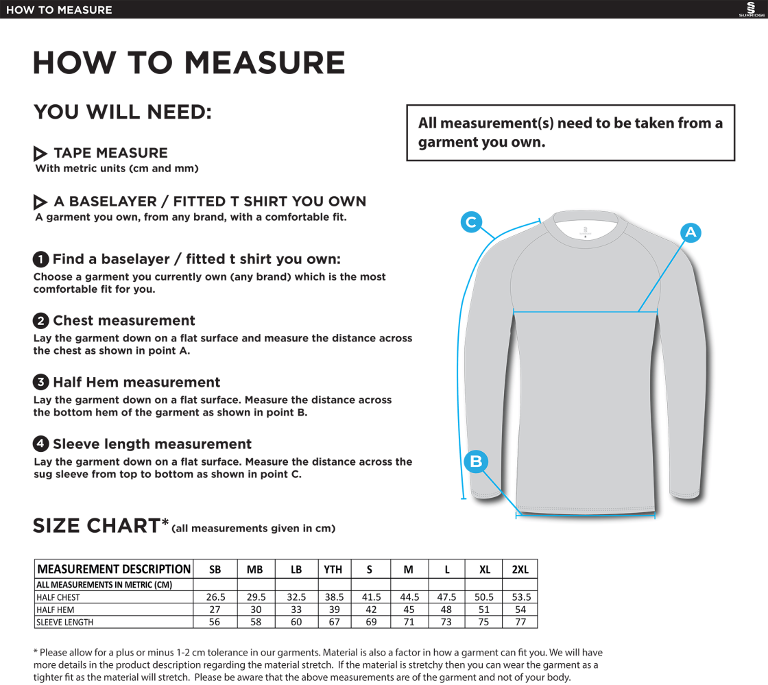 Players - Plain Long Sleeve Baselayer - Unisex Fit - Size Guide