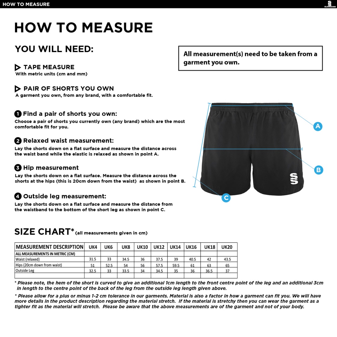 Players - Performance Gym Short - Women's Fit - Size Guide